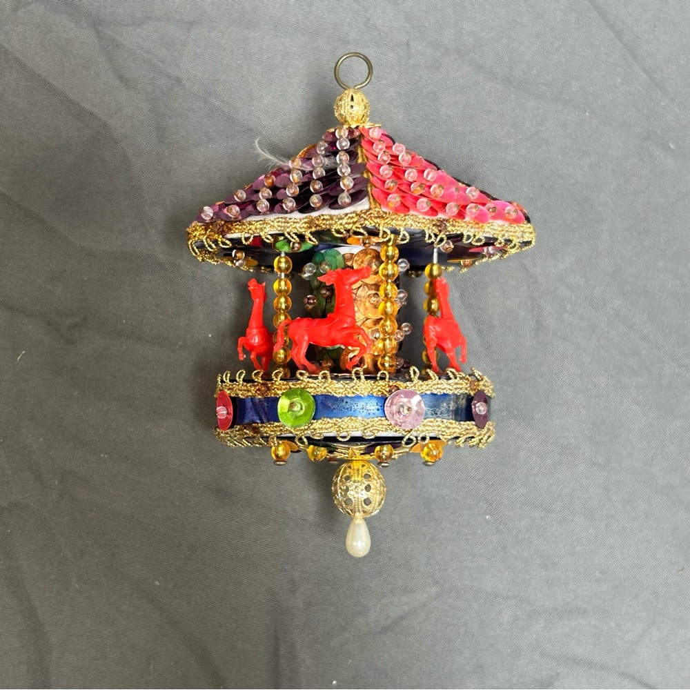 Vintage PUSH PIN Christmas Ornament Sequin Bead Handmade Carousel Merry Go Round